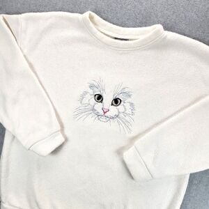 Vintage Womens Cat Face Embroidered Sweater White Fuzzy Fleece Size M USA 90s